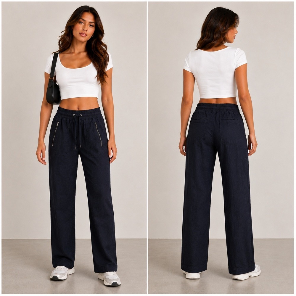 Athleta Cabo Linen Straigt Leg Pant Navy Blue Smocked Waist Size 2
